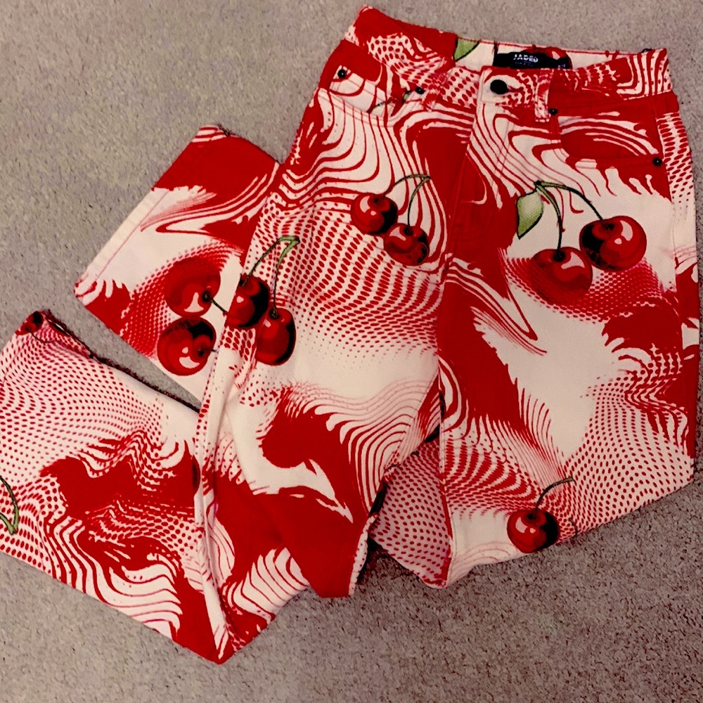 Petite cherry print slouchy jeans.